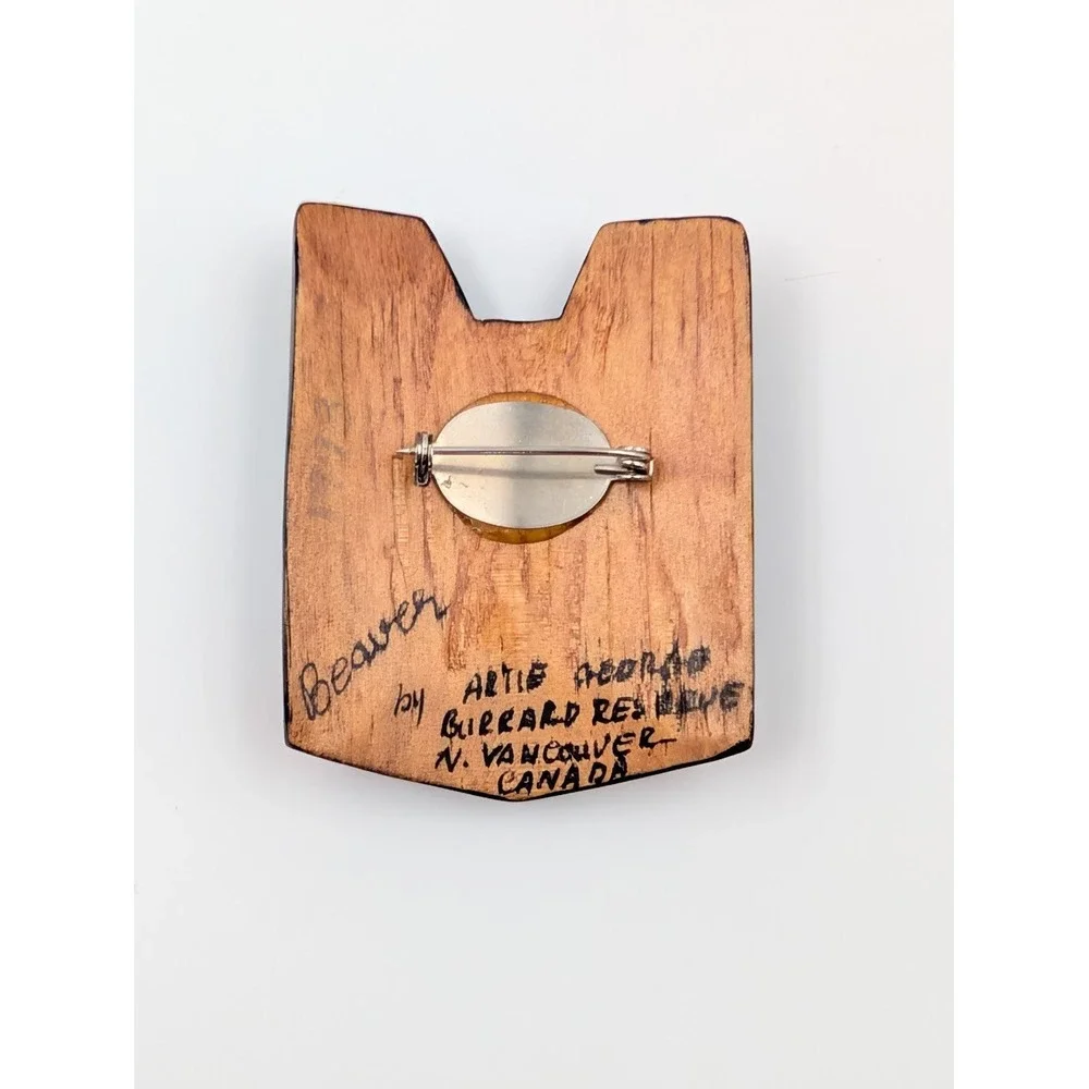Artie George Signed Beaver Mask Brooch Carved Yellow Cedar Salish‎ First Nations